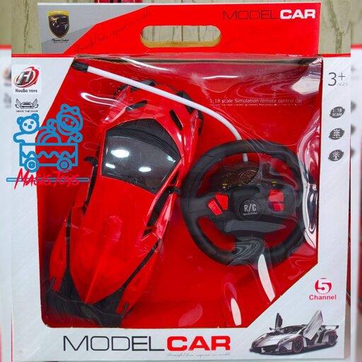 ماشین لامبورگینی کنترل فرمونی پنچ کانال دربازشو چراغدار جنس خوب وارداتی در دورنگ قرمز وزرد برای گروه سنی سه سال به بالا